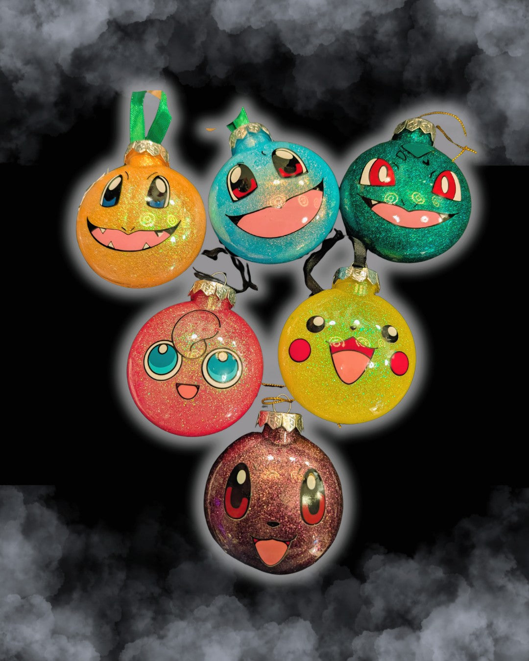 Cute Elemental Creature Baubles | Glitter Ornament Set | Kawaii Christmas Decorations | Handmade Colourful Character Baubles | Geeky Tree Décor
