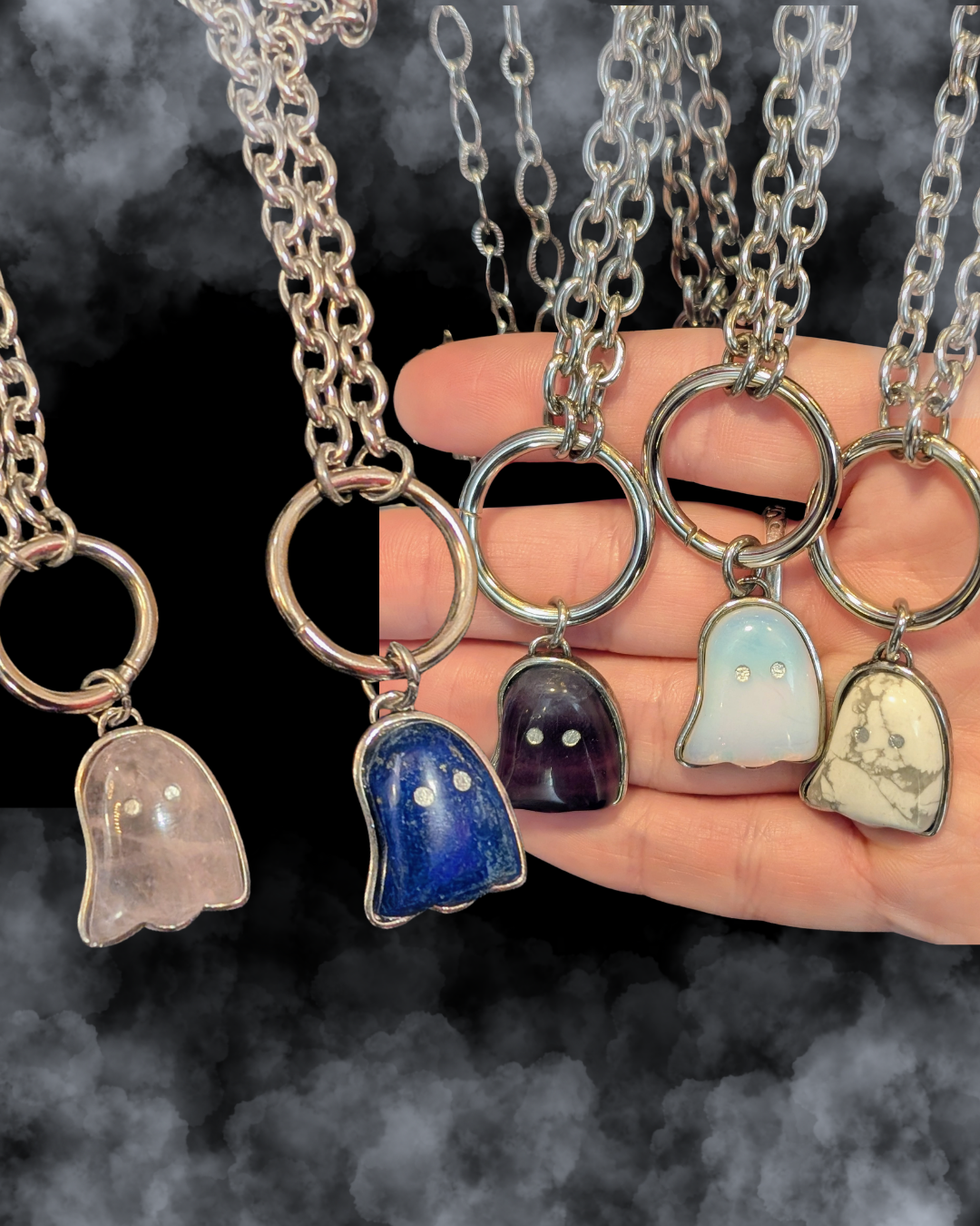 Crystal Ghost Pendant Necklace – Gothic Stainless Steel Chain (16") | Gemstone Spirit Necklace by Planchette Place